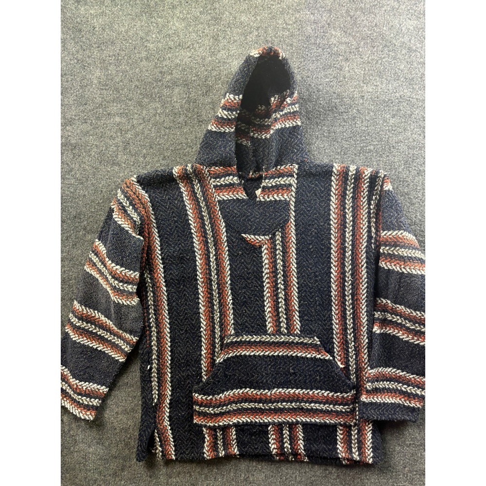 Baja Hoodie Mens Medium Navy Blue Striped Mexican Drug Rug Pullover